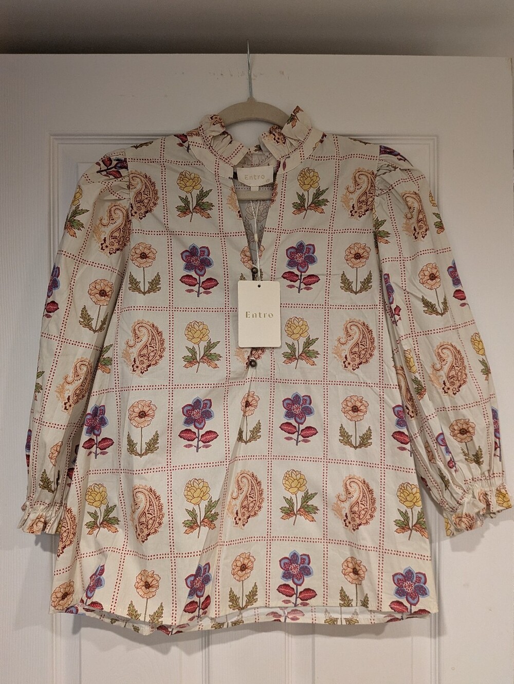 entro Cream Floral & Paisley Print Women's Blouse with Purple and Yellow Accents
